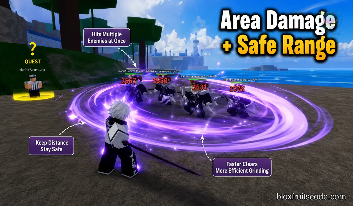 Area damage and safe range help you clear grouped enemies faster during normal grinding
