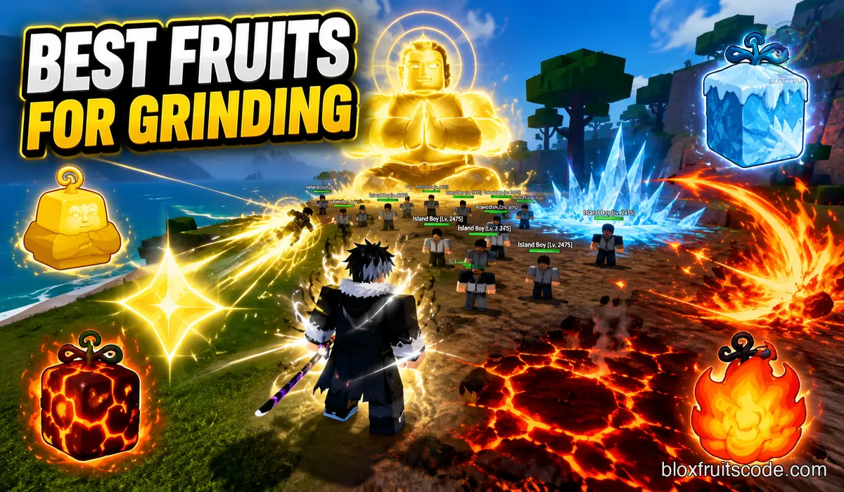 Best fruits for grinding in Blox Fruits shown with Buddha, Light, Magma, Ice, and Flame powers during NPC farming